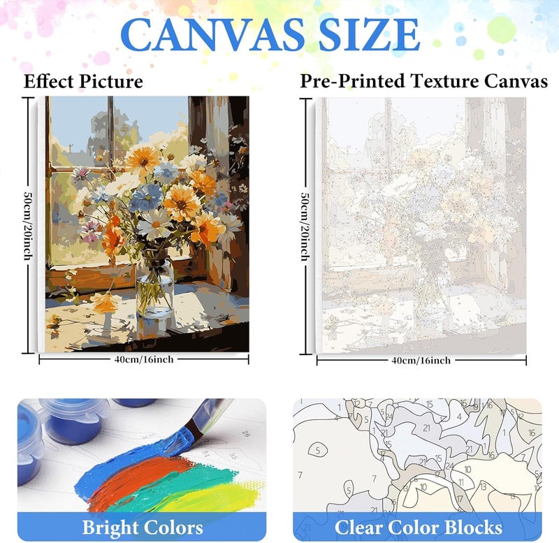 PRASIO Framed Paint by Numbers Kit for Adults Beginner, Flowers Adult Paint by Number Kits on Canvas Framed, DIY Acrylic Watercolor Oil Paint by Numbers with Frame for Gift Home Decor 16x20 Inch - Image 3
